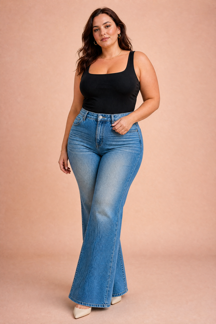 Hellblaue Jeans mit weit ausgestelltem Bein