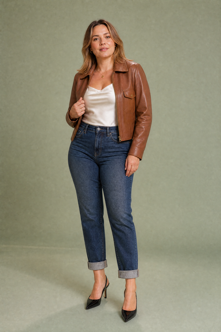 Dunkelblauer Mom-Jeans mit hoher Taille und geradem Schnitt