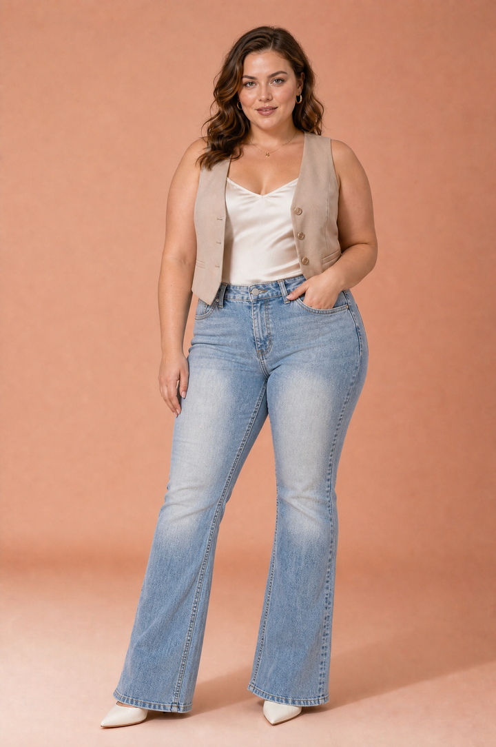 Helle blaue High-Waist Schlagjeans