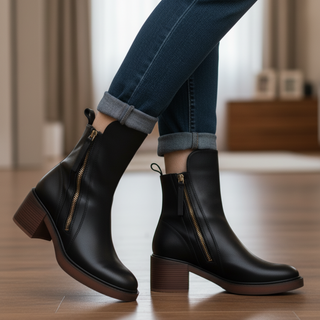 Valorine™ | Schwarze Lederstiefel mit bequemem Absatz, elegant und zeitlos