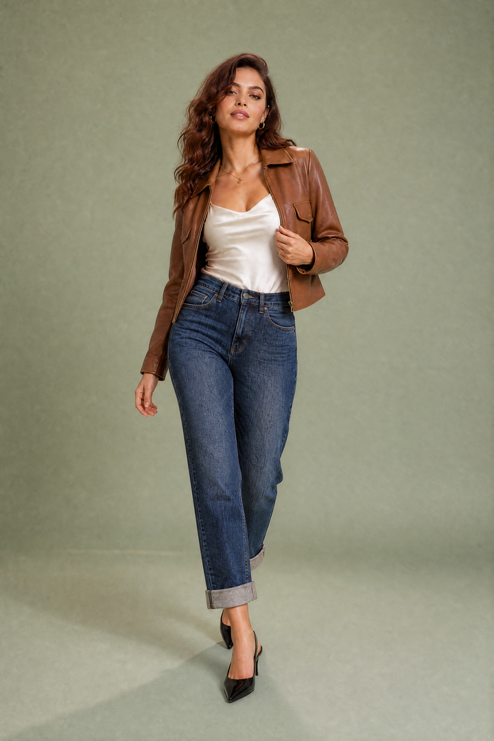 Dunkelblauer Mom-Jeans mit hoher Taille und geradem Schnitt