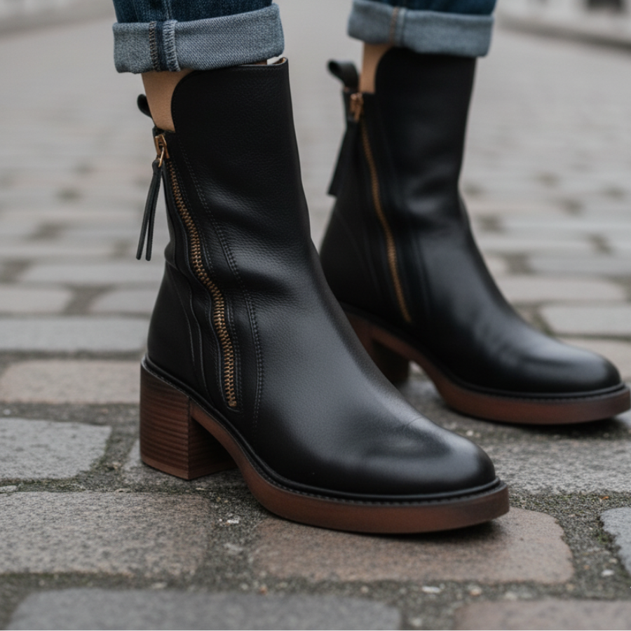 Valorine™ | Schwarze Lederstiefel mit bequemem Absatz, elegant und zeitlos