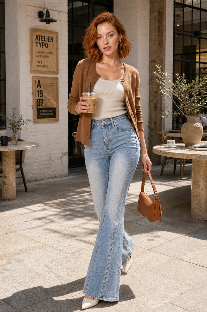 Helle blaue High-Waist Schlagjeans
