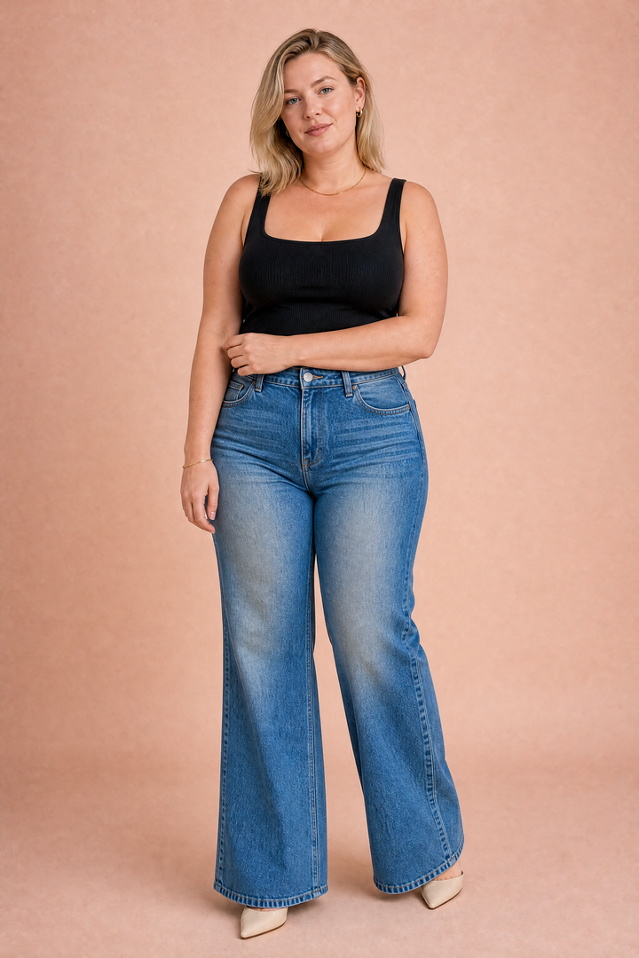 Hellblaue Jeans mit weit ausgestelltem Bein