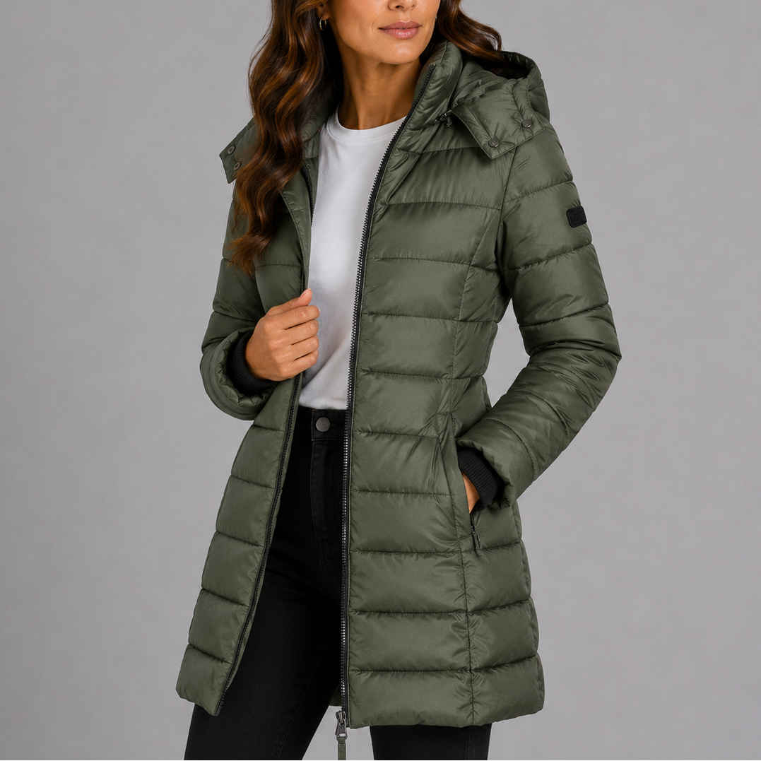 Lange Pufferjacke mit Kapuze