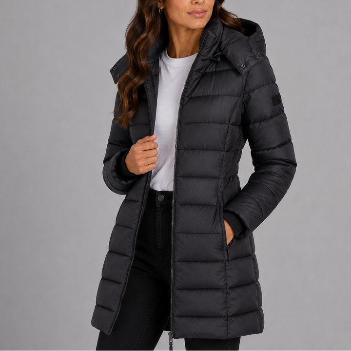 Lange Pufferjacke mit Kapuze