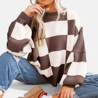 DOVIMA™ – Kuscheliger karierter Strickpullover mit überschnittenen Schultern