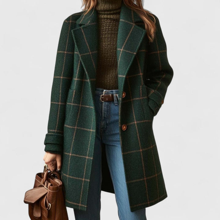 Damenmantel Kariert Lang mit Reverskragen Eleganter Wollmix für Herbst und Winter