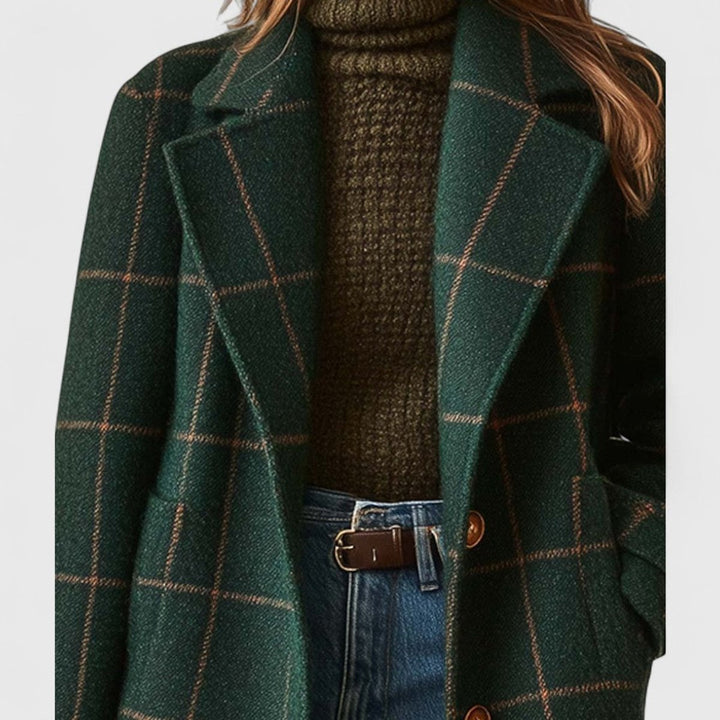 Damenmantel Kariert Lang mit Reverskragen Eleganter Wollmix für Herbst und Winter