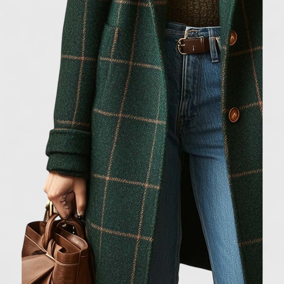 Damenmantel Kariert Lang mit Reverskragen Eleganter Wollmix für Herbst und Winter