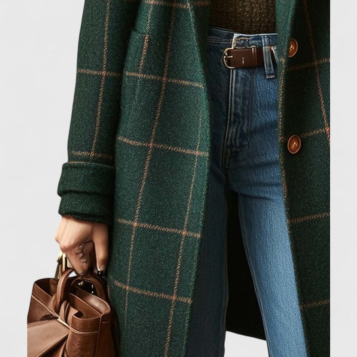 Damenmantel Kariert Lang mit Reverskragen Eleganter Wollmix für Herbst und Winter