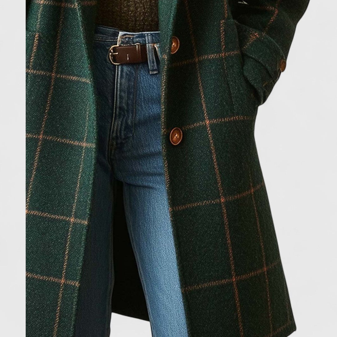 Damenmantel Kariert Lang mit Reverskragen Eleganter Wollmix für Herbst und Winter
