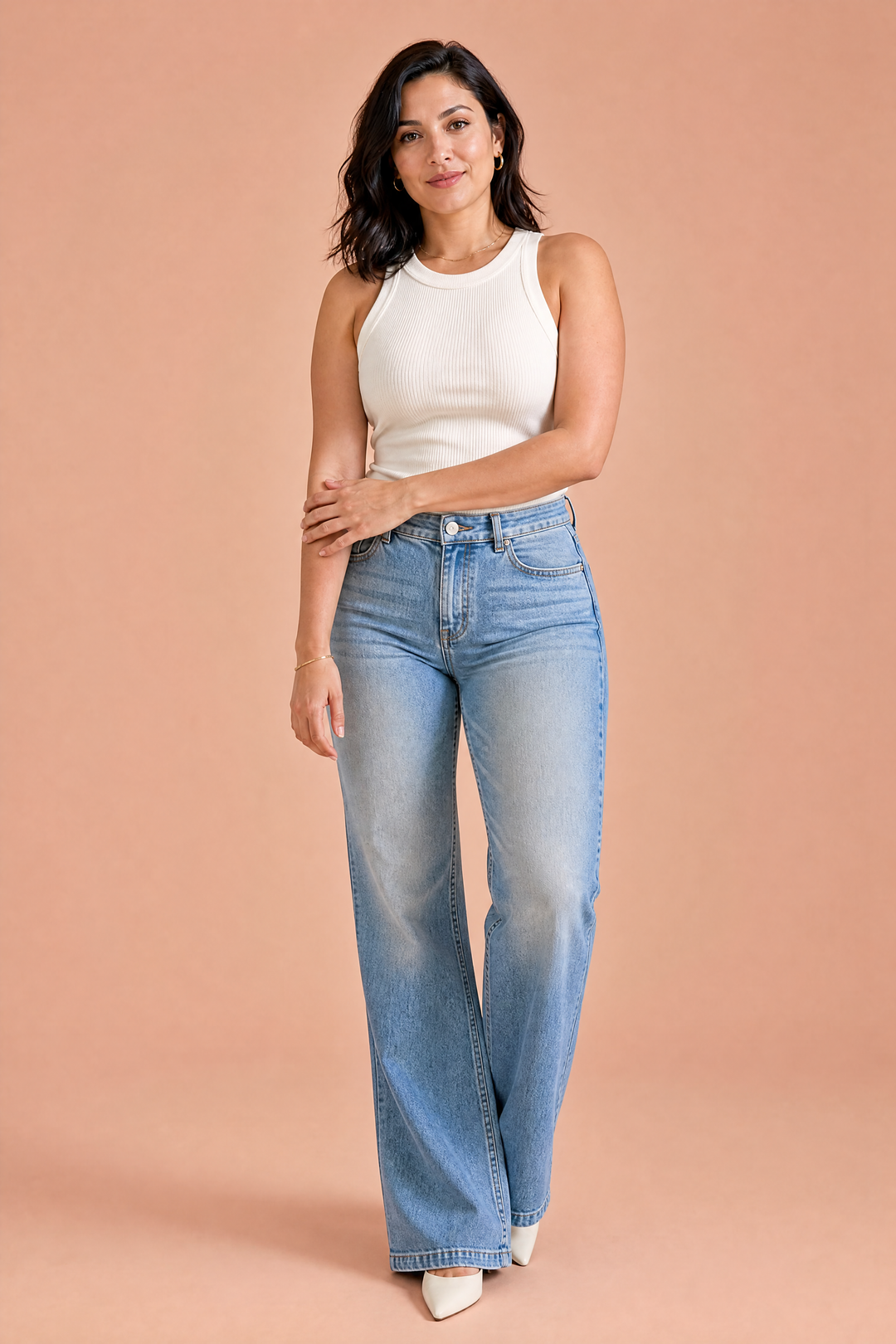 Hoch taillierte ausgestellte Jeans in Blau