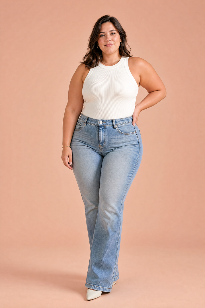 Hoch taillierte ausgestellte Jeans in Blau