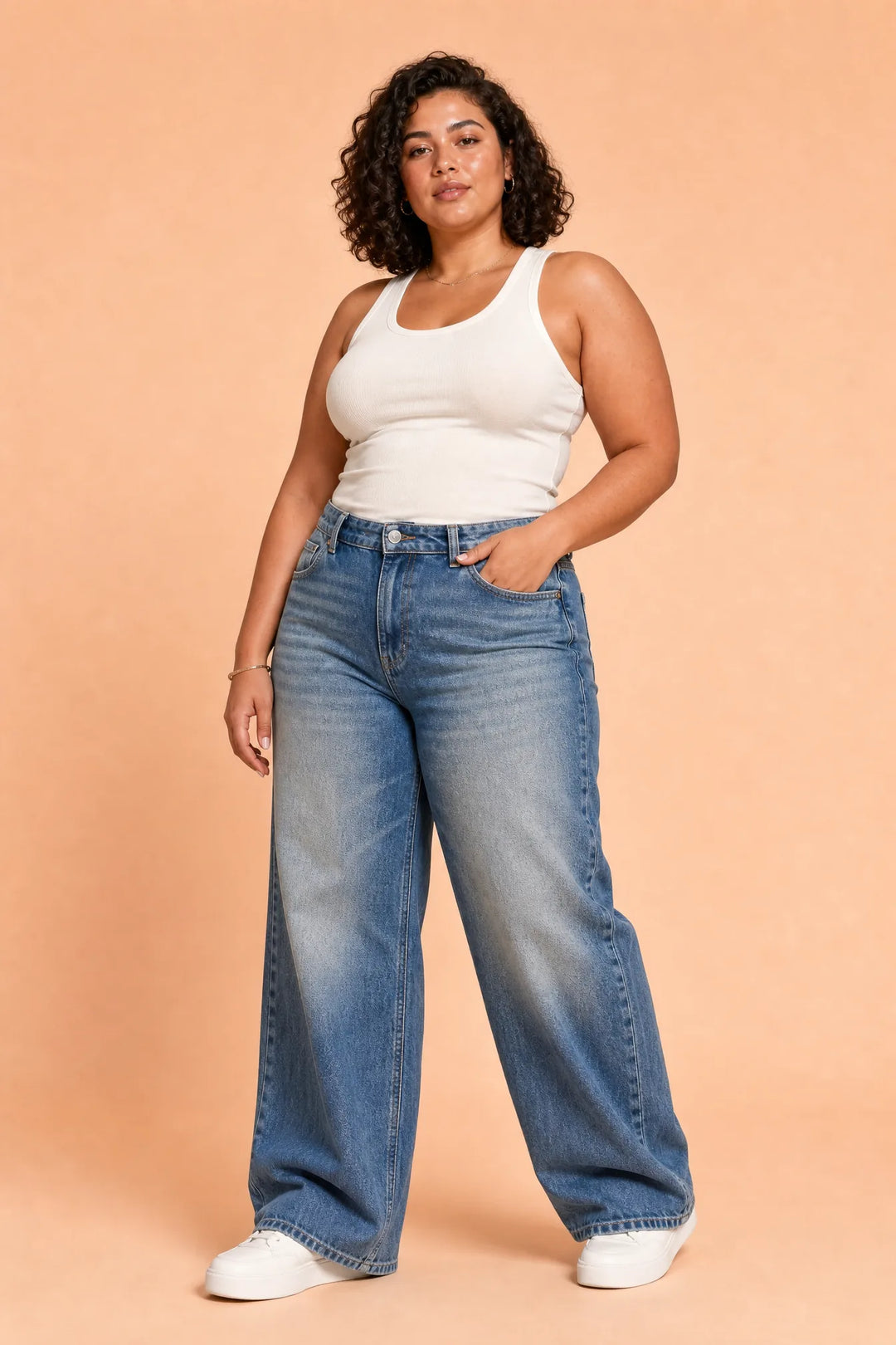 Blauer, weiter Jeans mit umklappbarem Bund