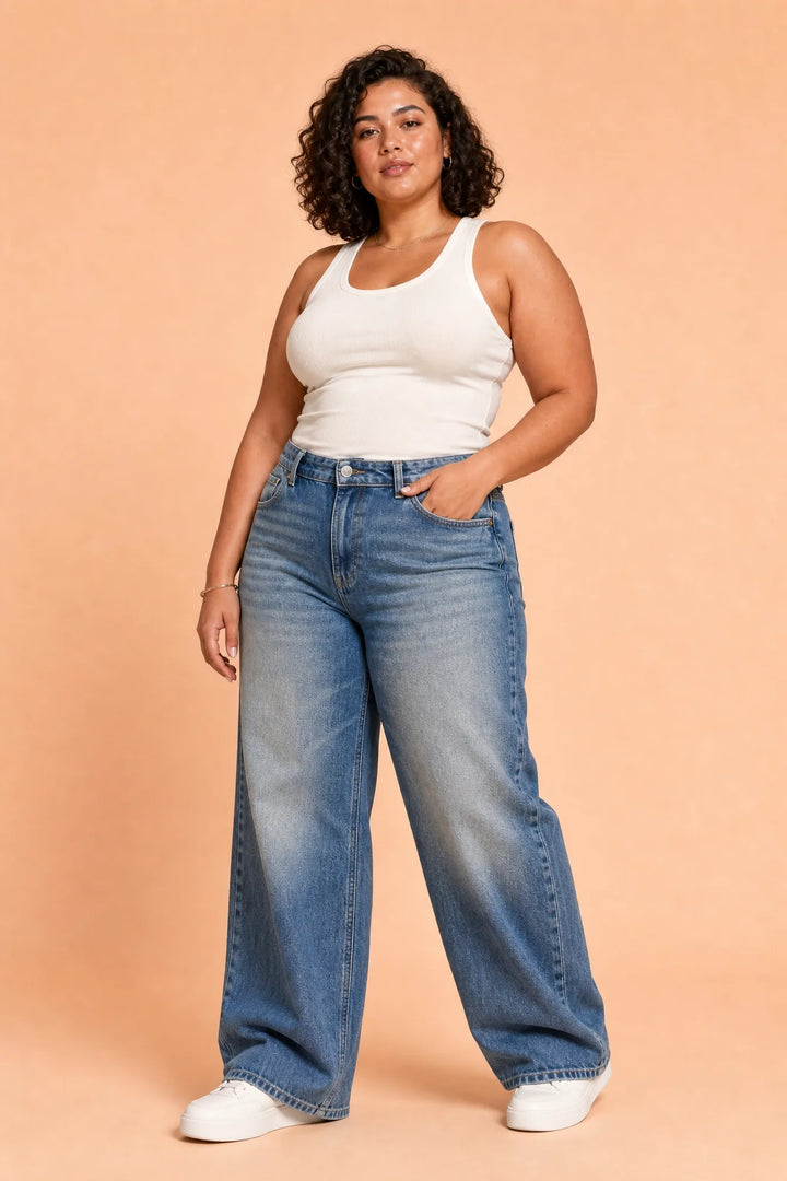 Blauer, weiter Jeans mit umklappbarem Bund