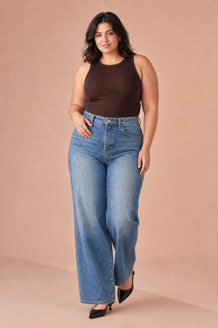 Blauer Jeans mit weitem Schnitt und mittelhoher Taille