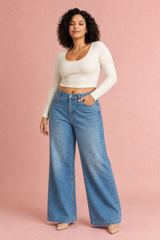 Blauer Jeans mit weitem Schnitt und mittelhoher Taille