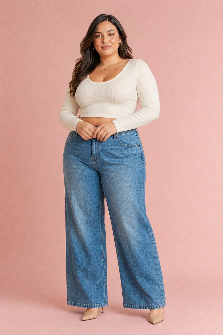 Blauer Jeans mit weitem Schnitt und mittelhoher Taille
