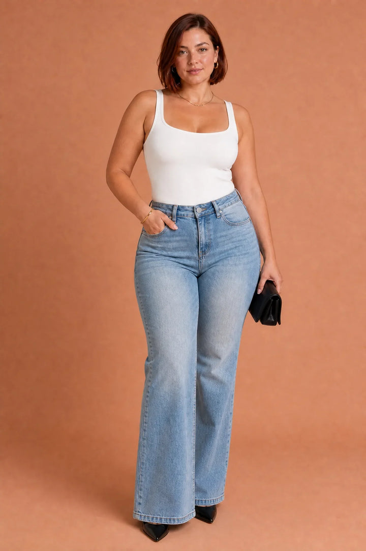 Ausbleichende blaue Jeans im ausgestellten Schnitt