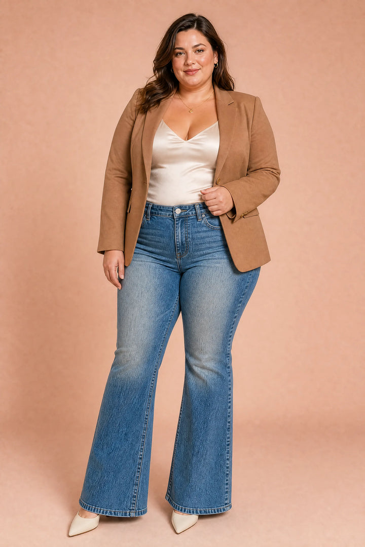 Ausbleichende blaue Jeans mit ausgestelltem Schnitt