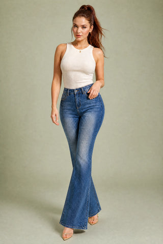 Hochtaillierte, ausgestellt Jeans in Blau