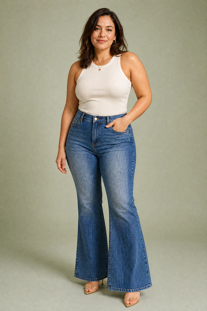 Hochtaillierte, ausgestellt Jeans in Blau