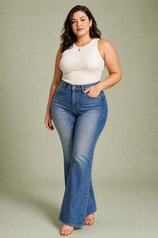 Hochtaillierte, ausgestellt Jeans in Blau
