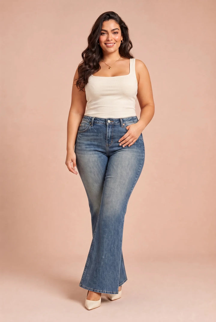 Dunkelblauer Flare-Jeans mit mittelhoher Taille