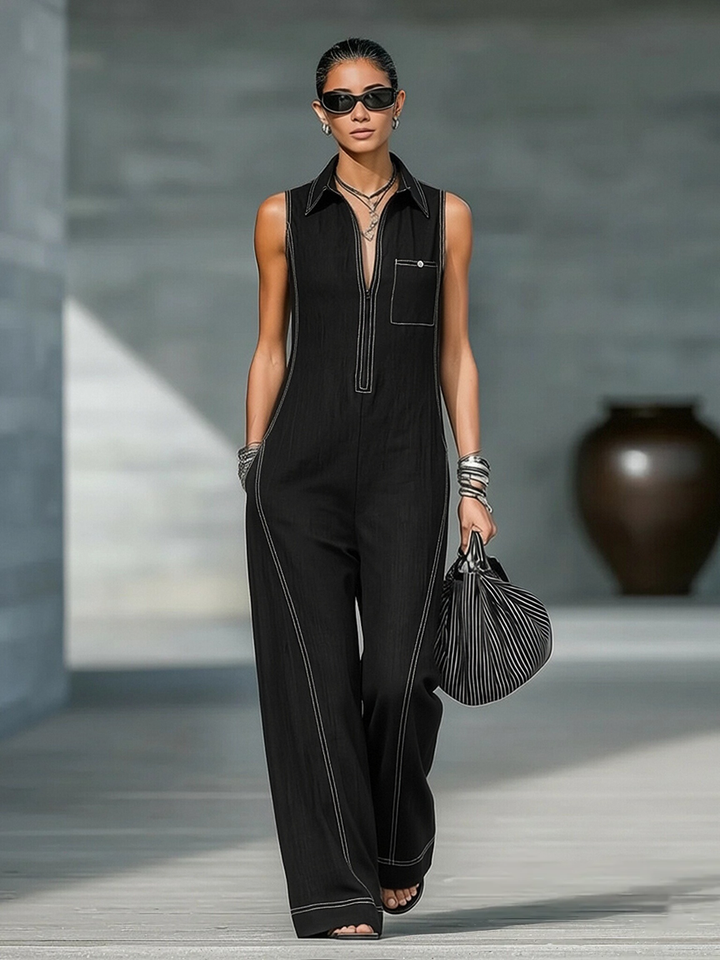 Damen minimalistisch locker geschnitten weißem Besatz ärmellos Jumpsuit