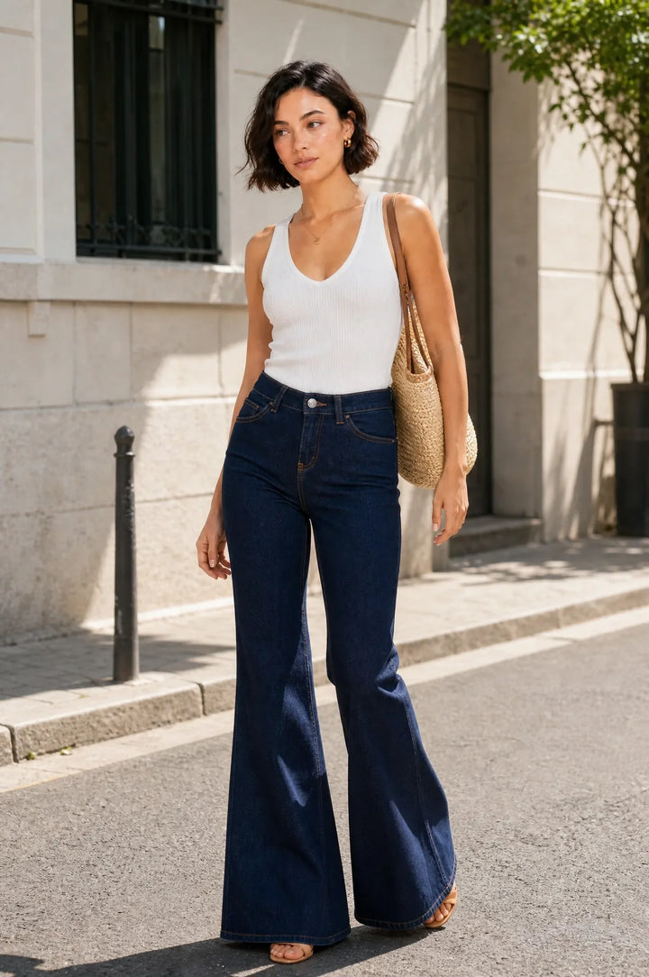 Dunkelblaue, ausgestellte Hose mit mittelhoher Taille